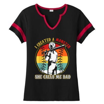 I Created A Monster She Call Me Dad Softball Baseball Lover Ladies Halftime Notch Neck Tee