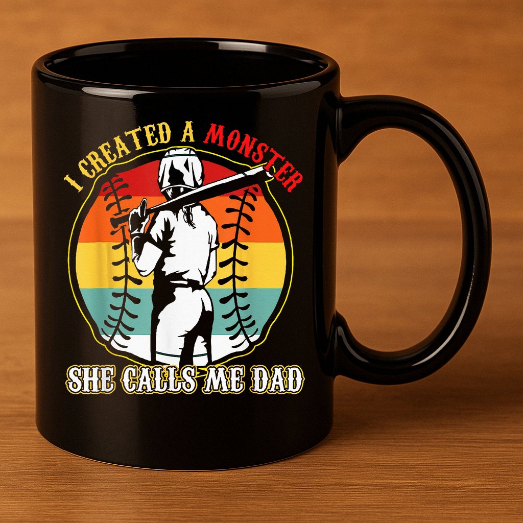 I Created A Monster She Call Me Dad Softball Baseball Lover 11oz C Handle Ceramic Mug
