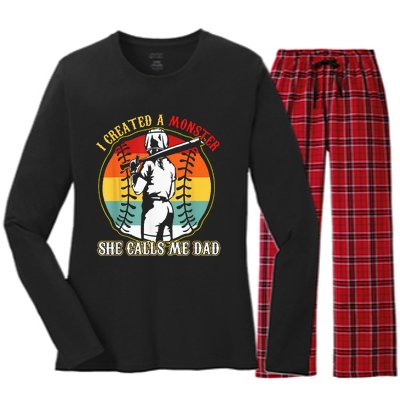 I Created A Monster She Call Me Dad Softball Baseball Lover Women's Long Sleeve Flannel Pajama Set 