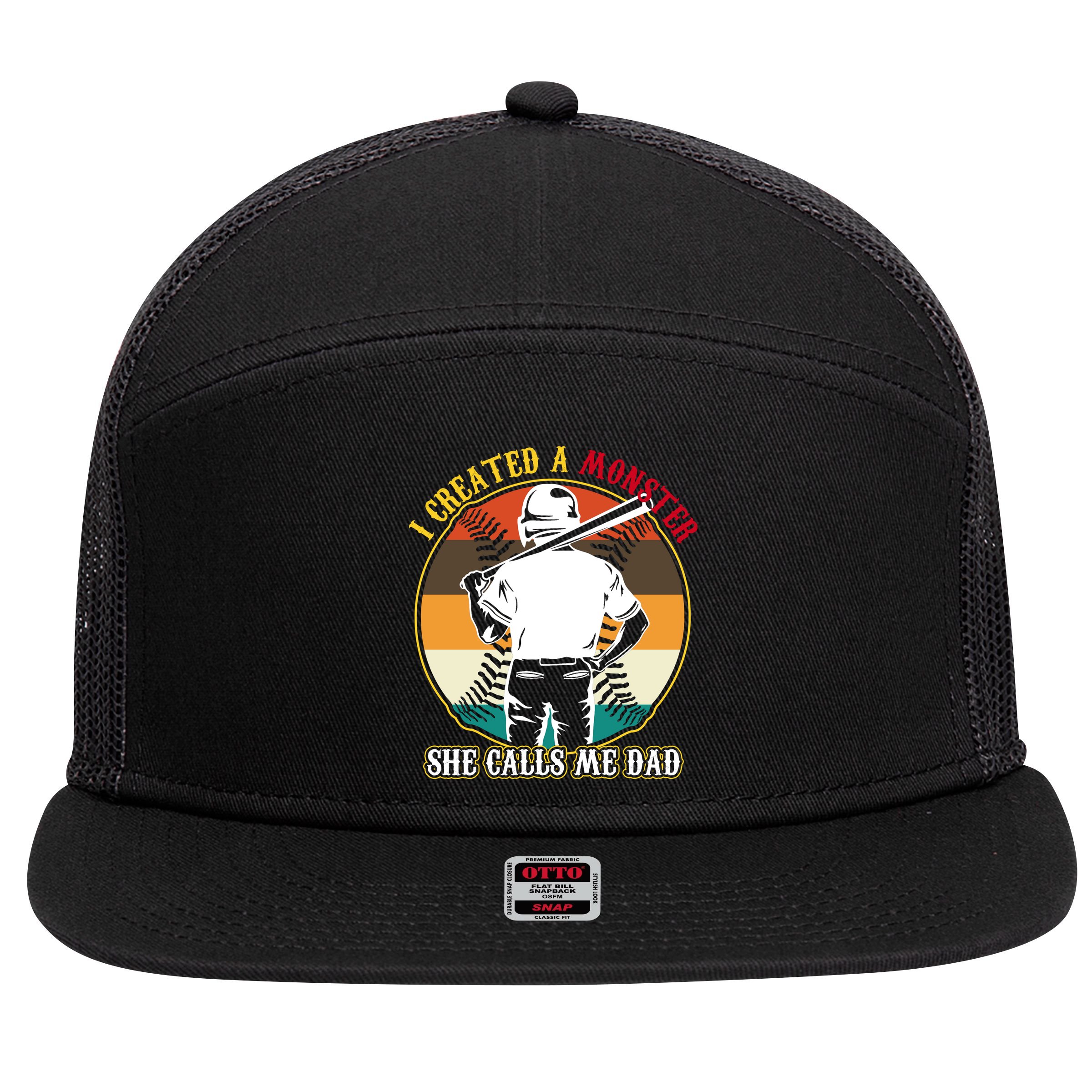 I Created A Monster She Calls Me Dad Funny Baseball 7 Panel Mesh Trucker Snapback Hat