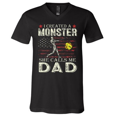 I Created A Monster She Calls Me Dad Softball FatherS Day V-Neck T-Shirt