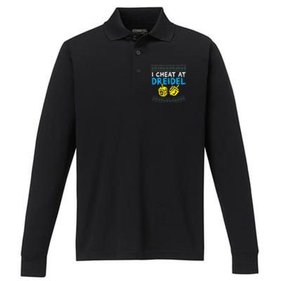 I Cheat At Dreidel Ugly Hanukkah Sweater Chanukah Jew Gift Performance Long Sleeve Polo