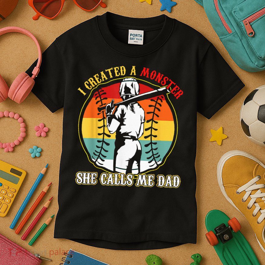 I Created A Monster She Call Me Dad Softball Baseball Lover Kids T-Shirt