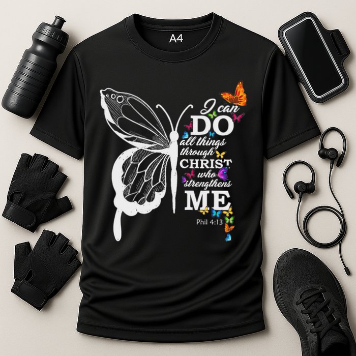 I Can All Through Christ Butterfly Art Religious Cooling Performance Crew T-Shirt