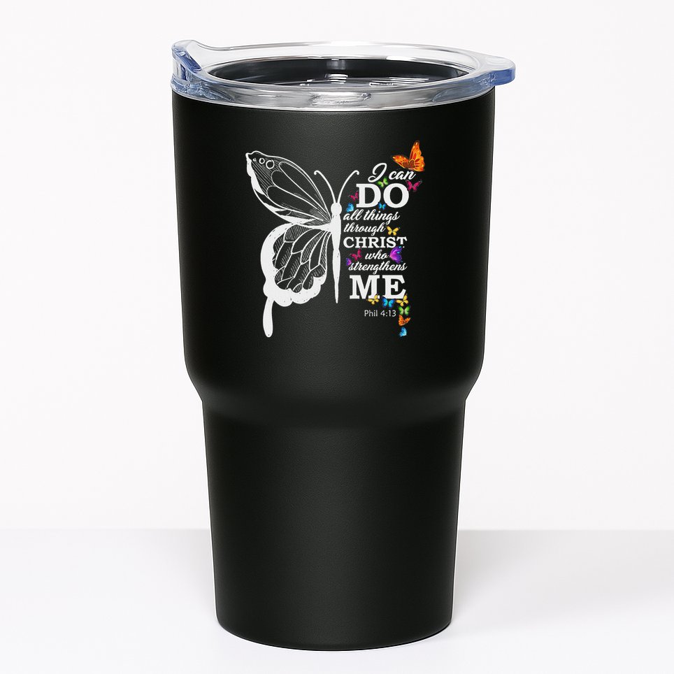 I Can All Through Christ Butterfly Art Religious Tumbler