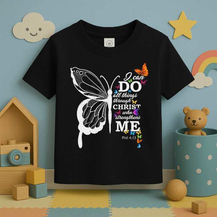 I Can All Through Christ Butterfly Art Religious Toddler T-Shirt