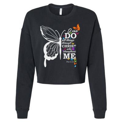 I Can All Through Christ Butterfly Art Religious Cropped Pullover Crew