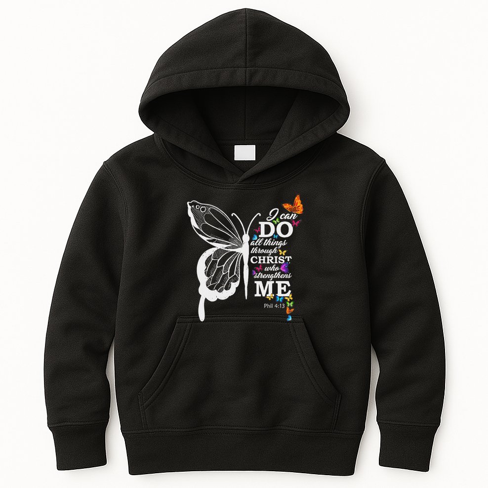 I Can All Through Christ Butterfly Art Religious Kids Hoodie