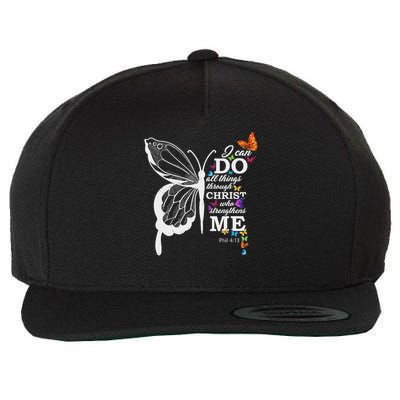 I Can All Through Christ Butterfly Art Religious Wool Snapback Cap