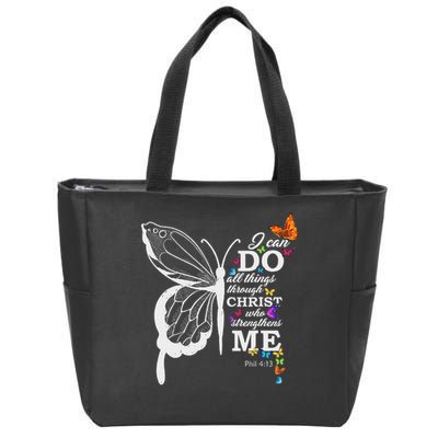 I Can All Through Christ Butterfly Art Religious Zip Tote Bag