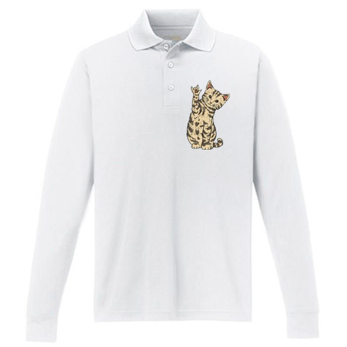 ILY Cat ASL Hand Gesture Deaf Hearing Loss Awareness Performance Long Sleeve Polo