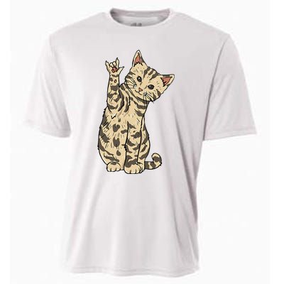 ILY Cat ASL Hand Gesture Deaf Hearing Loss Awareness Cooling Performance Crew T-Shirt