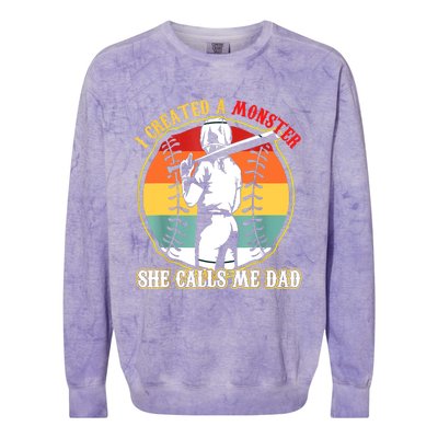 I Created A Monster She Call Me Dad Softball Baseball Lover Colorblast Crewneck Sweatshirt