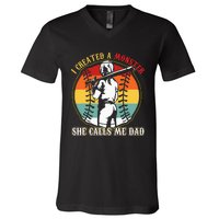 I Created A Monster She Call Me Dad Baseball Softball Dad V-Neck T-Shirt