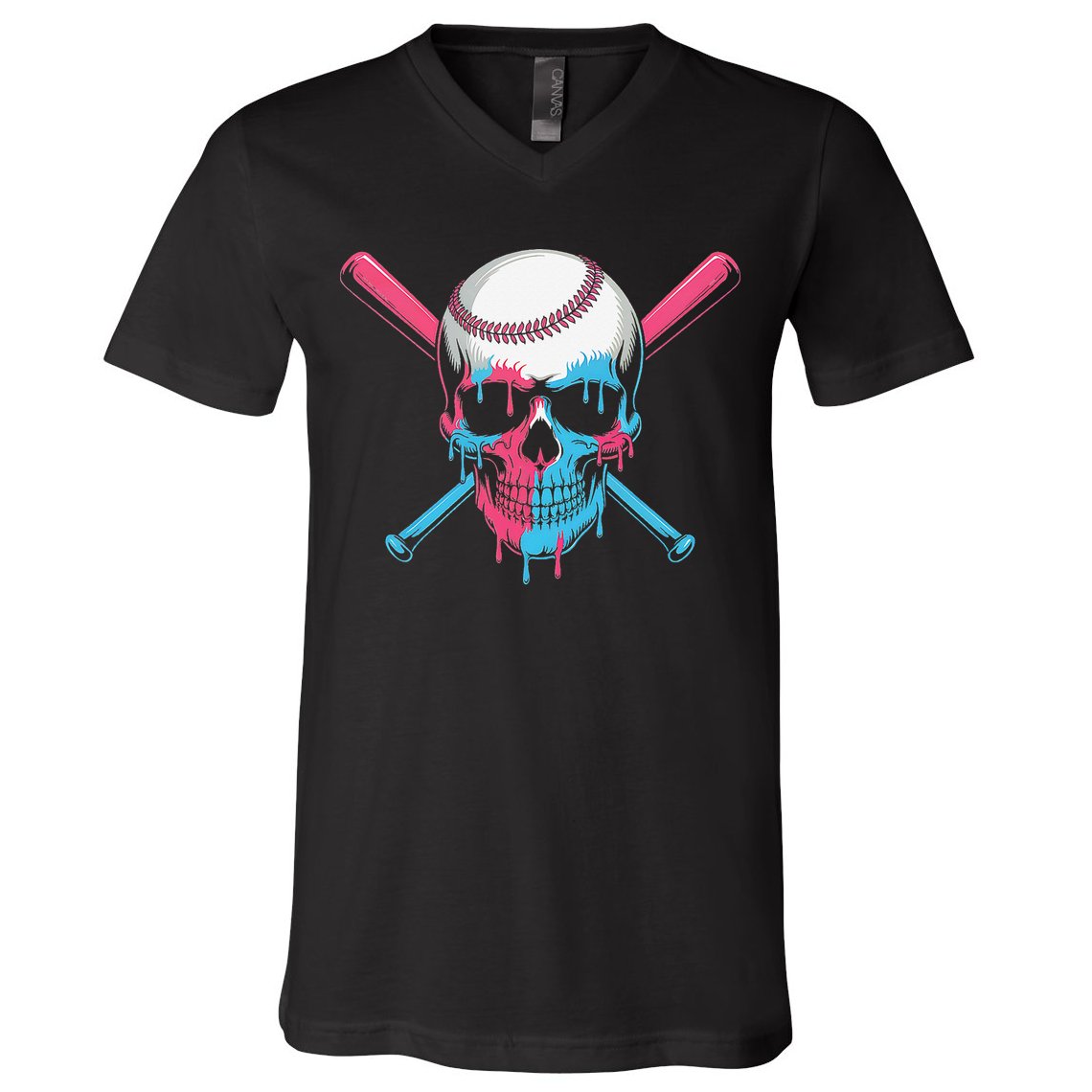 Ice Cream Baseball Fun Summer Sports Dessert Dripping Skull V-Neck T-Shirt