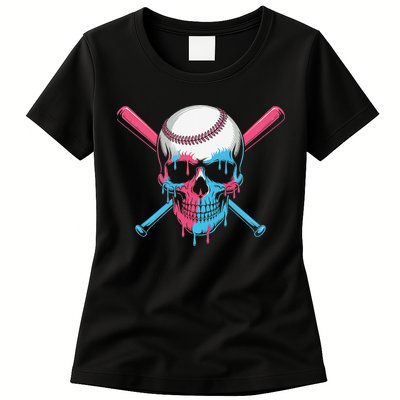 Ice Cream Baseball Fun Summer Sports Dessert Dripping Skull Womens T-Shirt