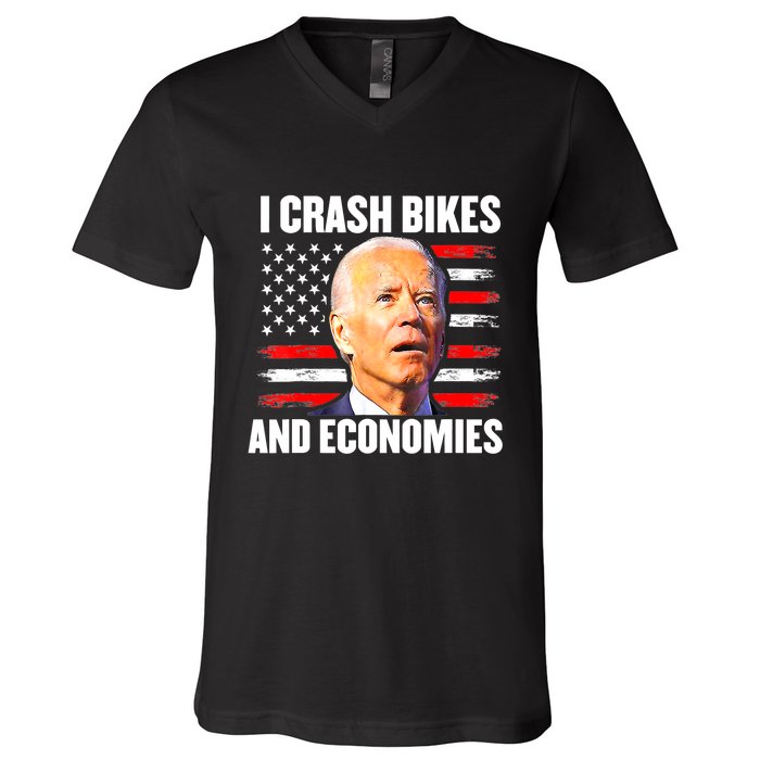 I Crash Bikes And Economies Joe Biden Falling Off Bike V-Neck T-Shirt