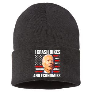 I Crash Bikes And Economies Joe Biden Falling Off Bike Sustainable Knit Beanie