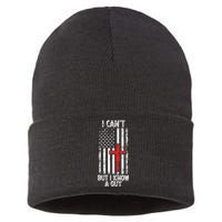 I Can't But I Know A Guy Jesus Cross Christian USA Flag Sustainable Knit Beanie