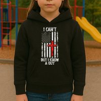 I Can't But I Know A Guy Jesus Cross Christian USA Flag Kids Hoodie