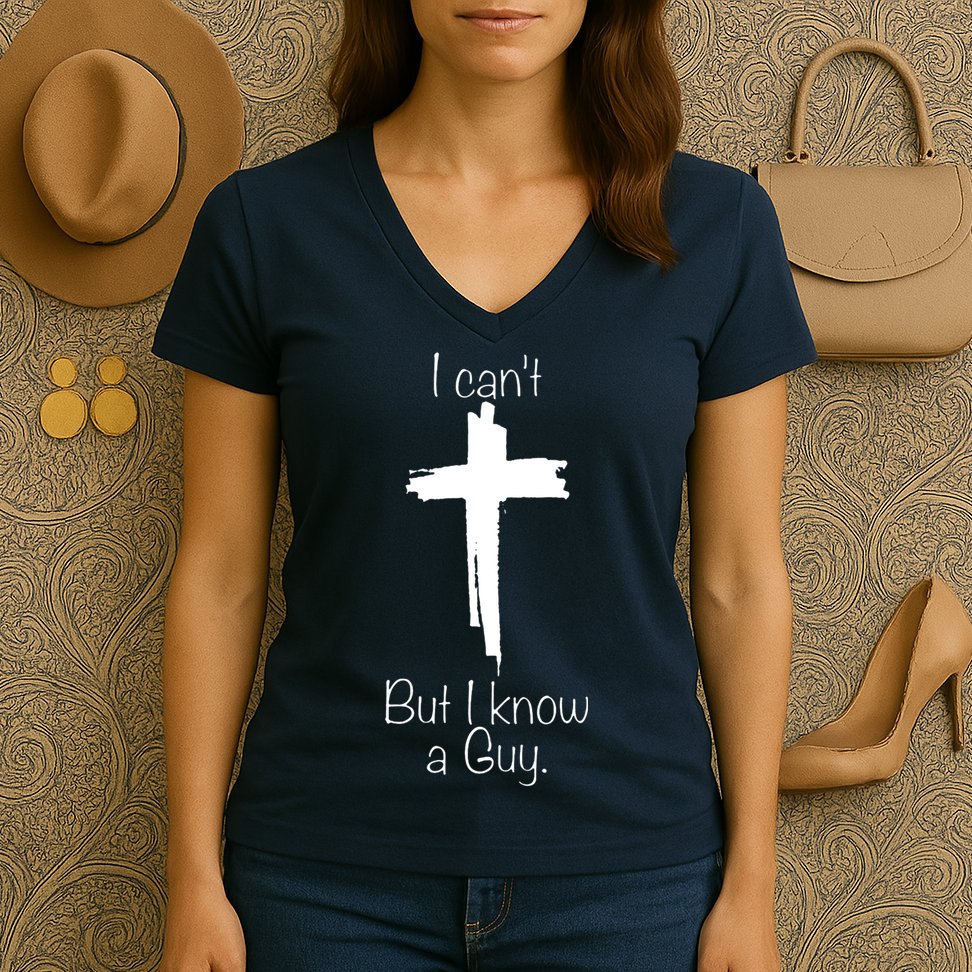 I Cant But I Know A Guy Funny Jesus Cross Christian Women's V-Neck T-Shirt