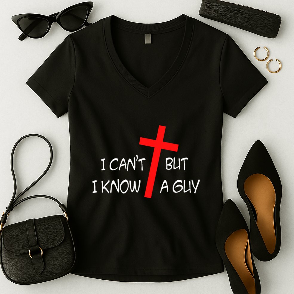I CanT But I Know A Guy Jesus Cross Funny Christian Saying Women's V-Neck T-Shirt