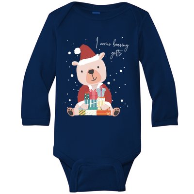 I Come Bearing Funny Gift Funny Christmas Santa Claus Polar Bear Gift Baby Long Sleeve Bodysuit