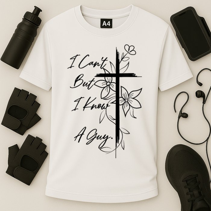 I Cant But I Know A Guy Jesus Cross Funny Christian God Cooling Performance Crew T-Shirt