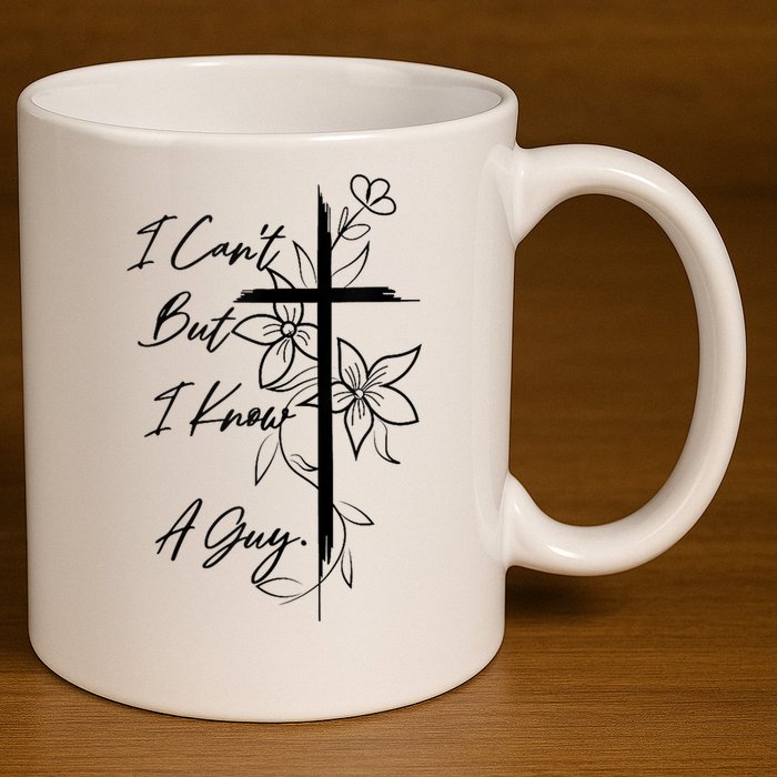I Cant But I Know A Guy Jesus Cross Funny Christian God 11oz C Handle Ceramic Mug