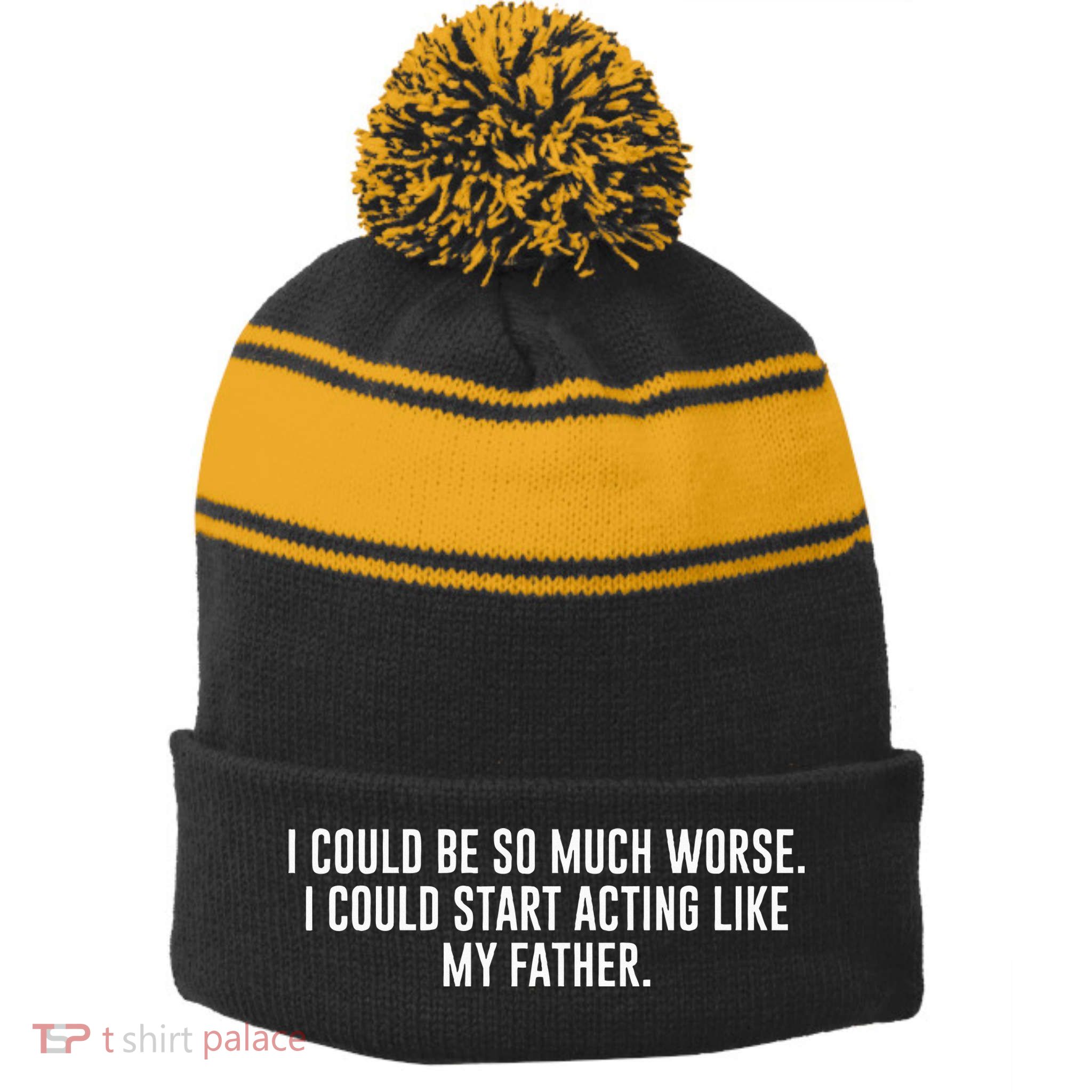 I Could Be So Much Worse I Could Start Acting Like My Father Stripe Pom Pom Beanie