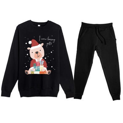 I Come Bearing Funny Gift Funny Christmas Santa Claus Polar Bear Funny Gift Premium Crewneck Sweatsuit Set