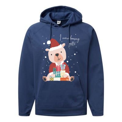 I Come Bearing Funny Gift Funny Christmas Santa Claus Polar Bear Funny Gift Performance Fleece Hoodie