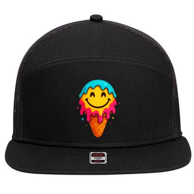 Ice Cream Cone Drip Smile Face  7 Panel Mesh Trucker Snapback Hat