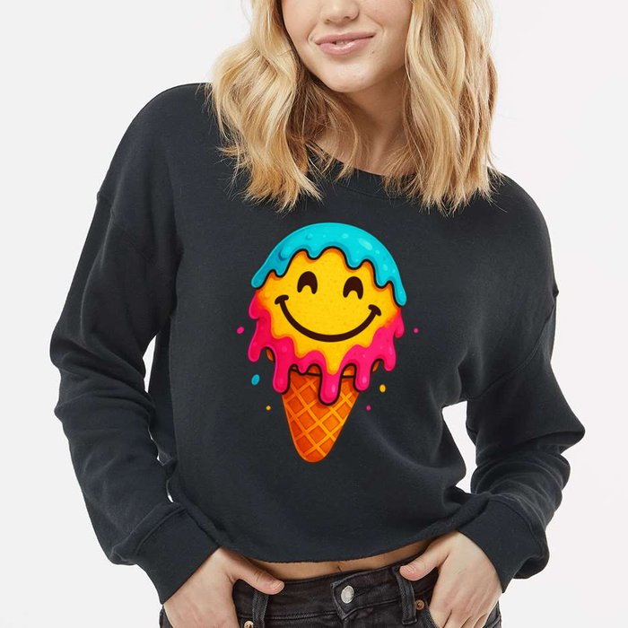 Ice Cream Cone Drip Smile Face  Cropped Pullover Crew
