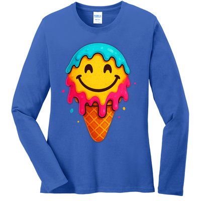 Ice Cream Cone Drip Smile Face  Ladies Long Sleeve Shirt
