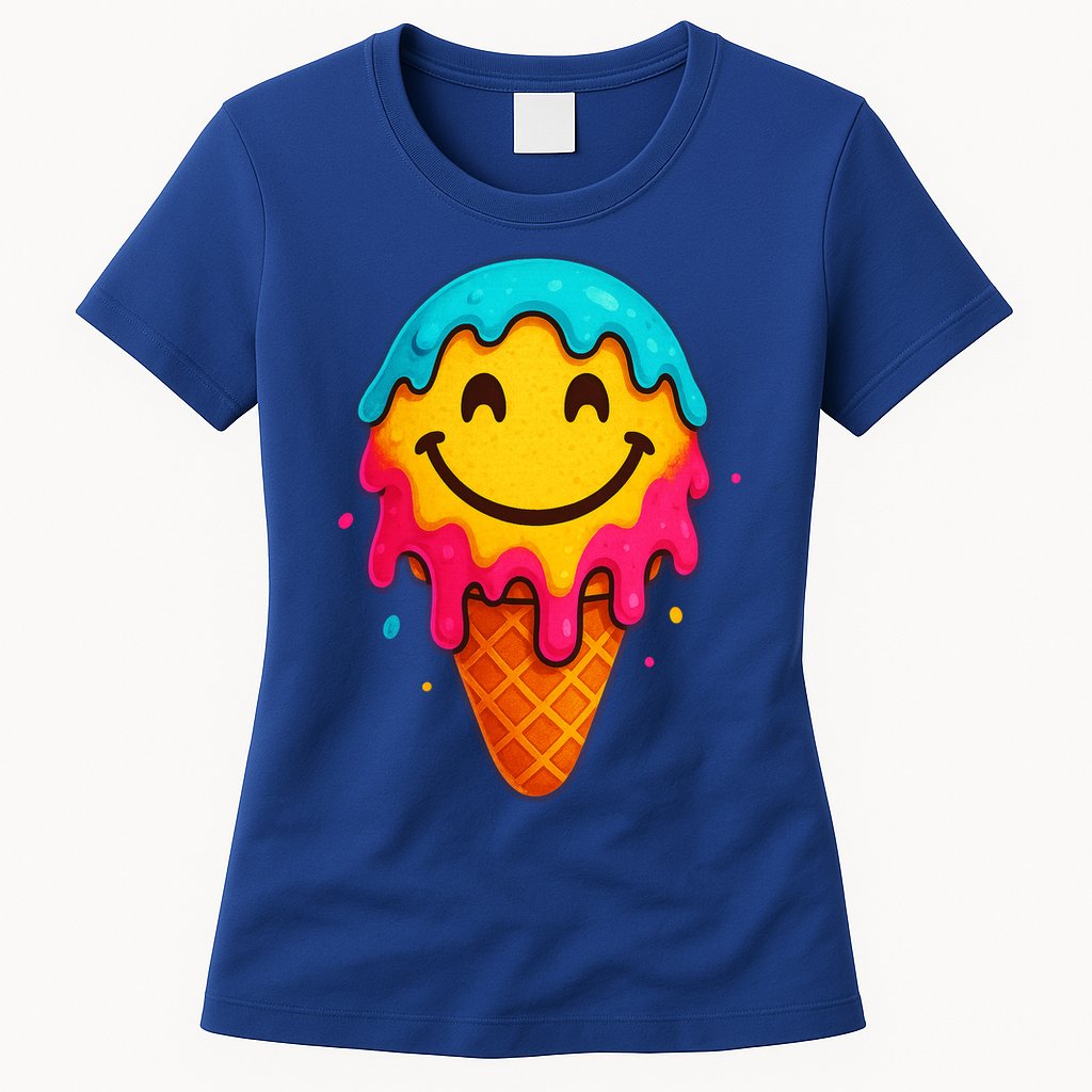Ice Cream Cone Drip Smile Face  Womens T-Shirt