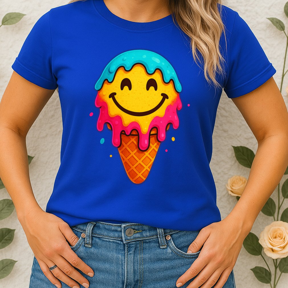 Ice Cream Cone Drip Smile Face  Womens T-Shirt