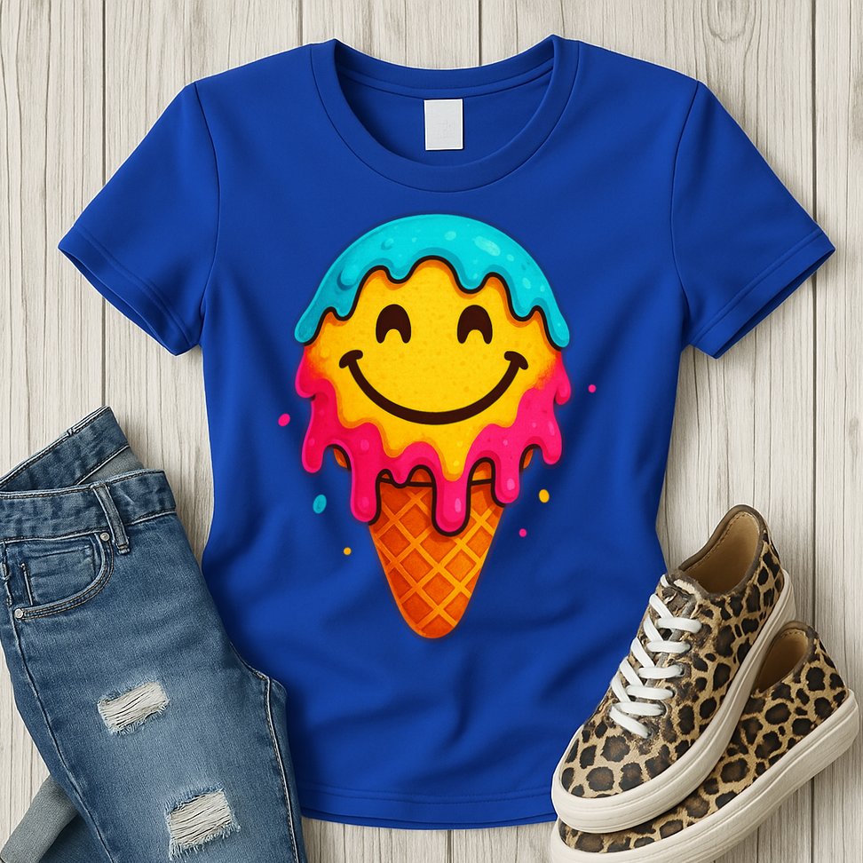 Ice Cream Cone Drip Smile Face  Womens T-Shirt