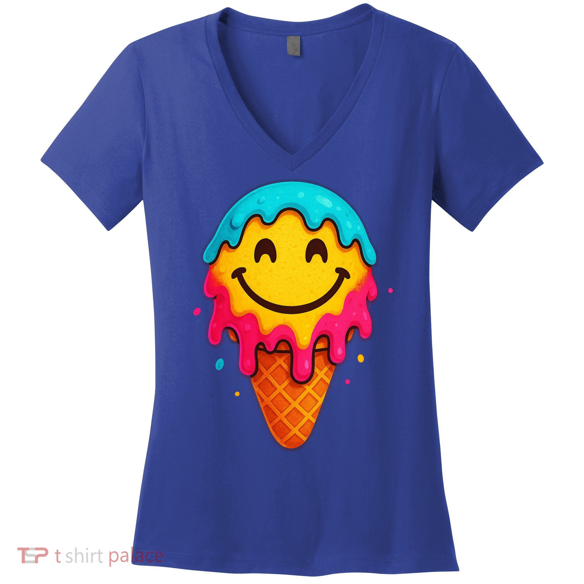 Ice Cream Cone Drip Smile Face  Women's V-Neck T-Shirt