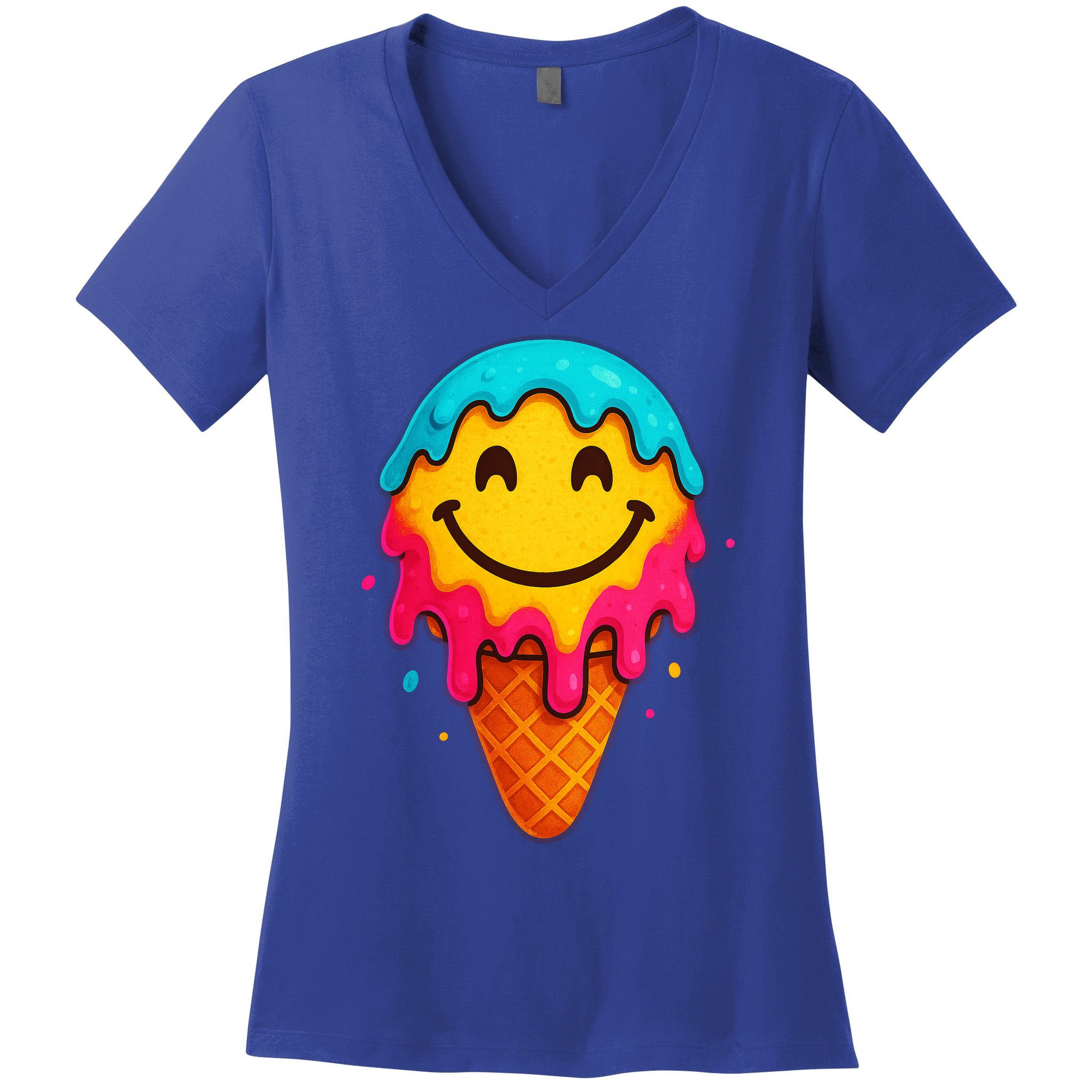 Ice Cream Cone Drip Smile Face  Women's V-Neck T-Shirt