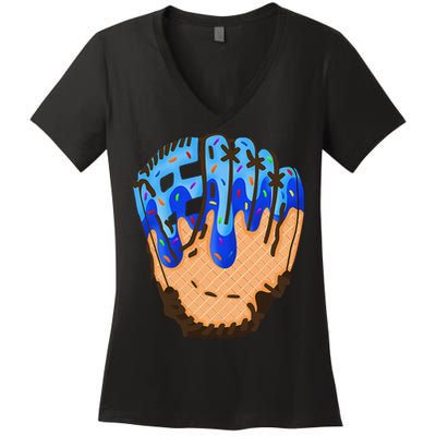 Ice Cream Cone Baseball Glove Drip Women's V-Neck T-Shirt