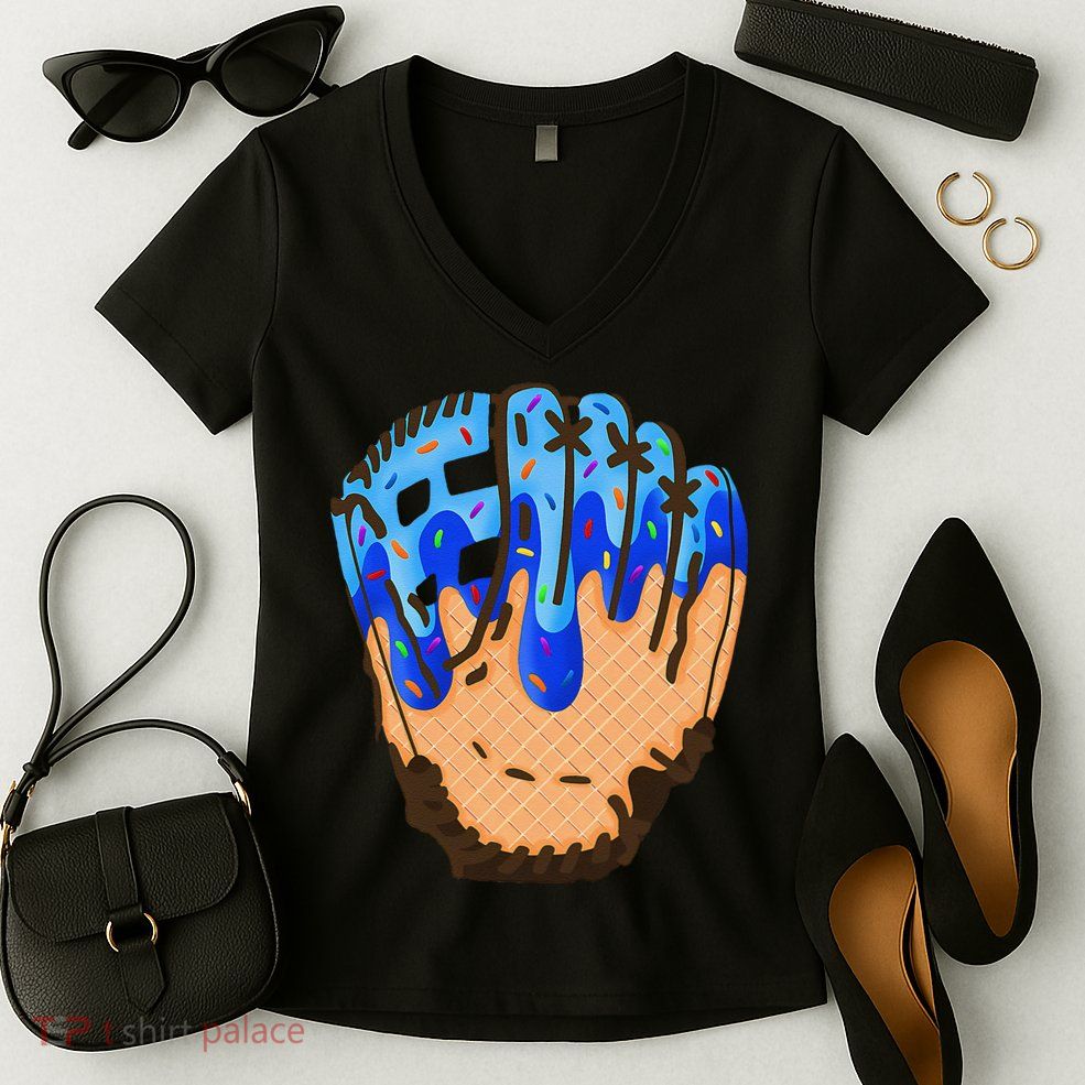 Ice Cream Cone Baseball Glove Drip Women's V-Neck T-Shirt