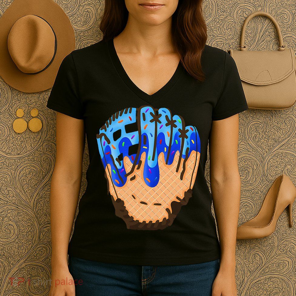 Ice Cream Cone Baseball Glove Drip Women's V-Neck T-Shirt