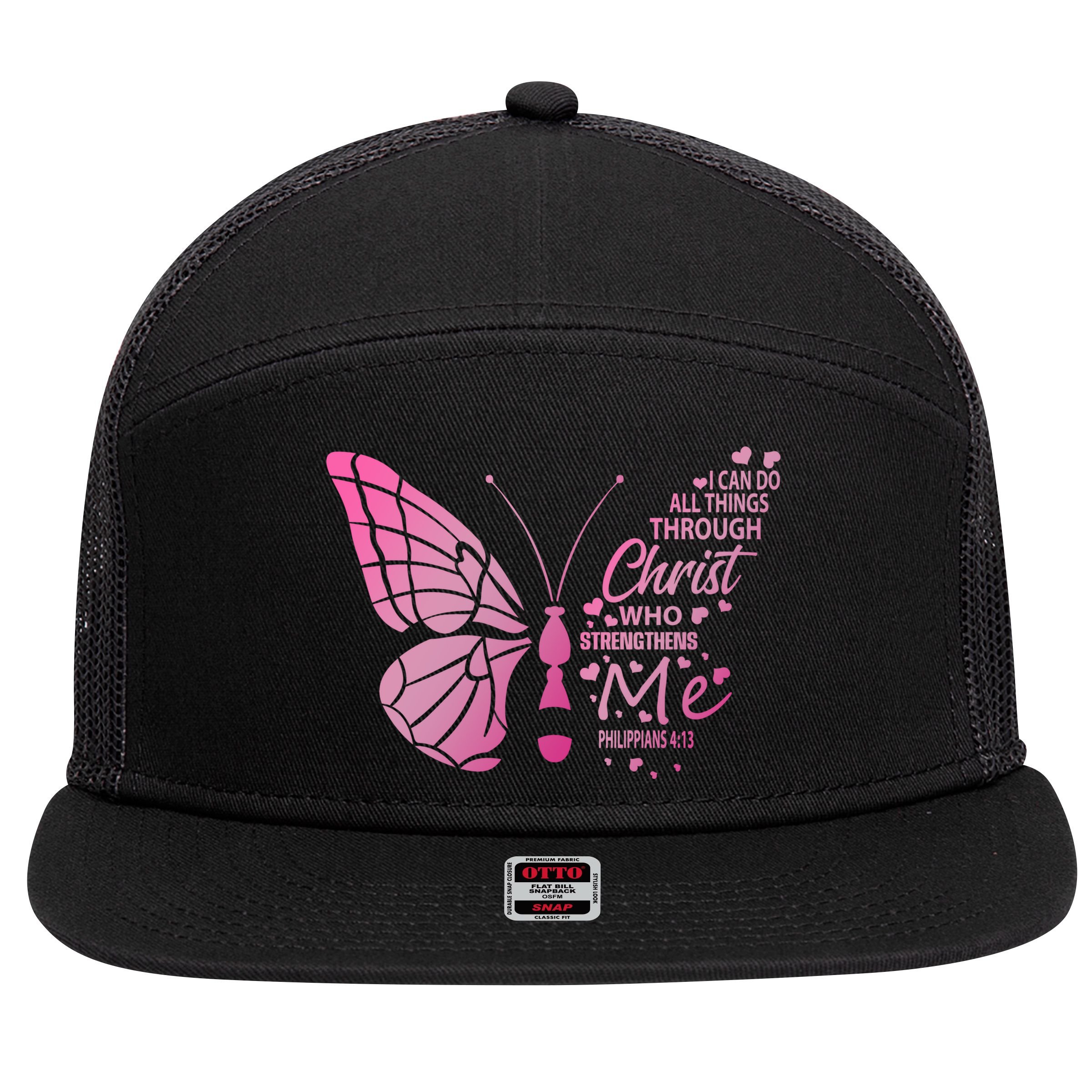 I Can Do All Things Through Christ Religous Bible Butterfly Funny Gift 7 Panel Mesh Trucker Snapback Hat