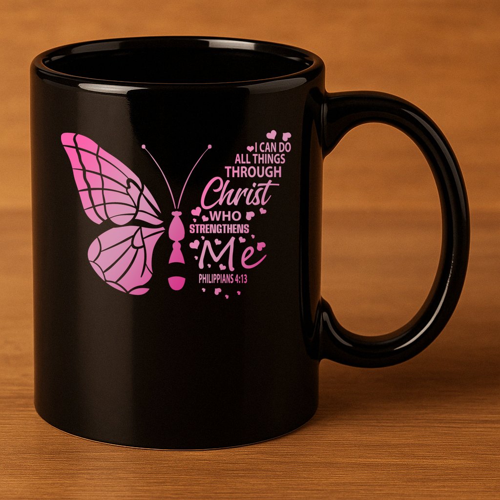 I Can Do All Things Through Christ Religous Bible Butterfly Funny Gift 11oz C Handle Ceramic Mug