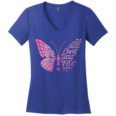 I Can Do All Things Through Christ Religous Bible Butterfly Funny Gift Women's V-Neck T-Shirt