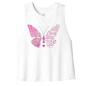 I Can Do All Things Through Christ Religous Bible Butterfly Funny Gift Women's Racerback Cropped Tank