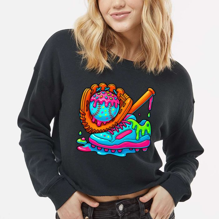 Ice Cream Drip Baseball Stuff Baseball Dripping For Cropped Pullover Crew