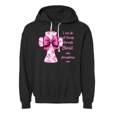 I Can Do All Things Through Christ Toile Cross And Bow Garment-Dyed Fleece Hoodie
