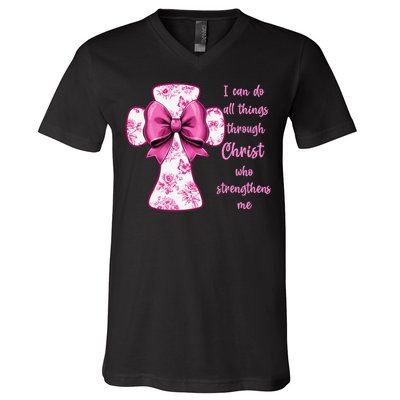 I Can Do All Things Through Christ Toile Cross And Bow V-Neck T-Shirt